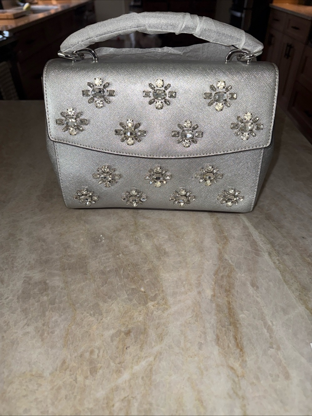 MICHAEL KORS Ava Jewel Satchel Crossbody Silver Rhinestones Flowers Leather NWOT
